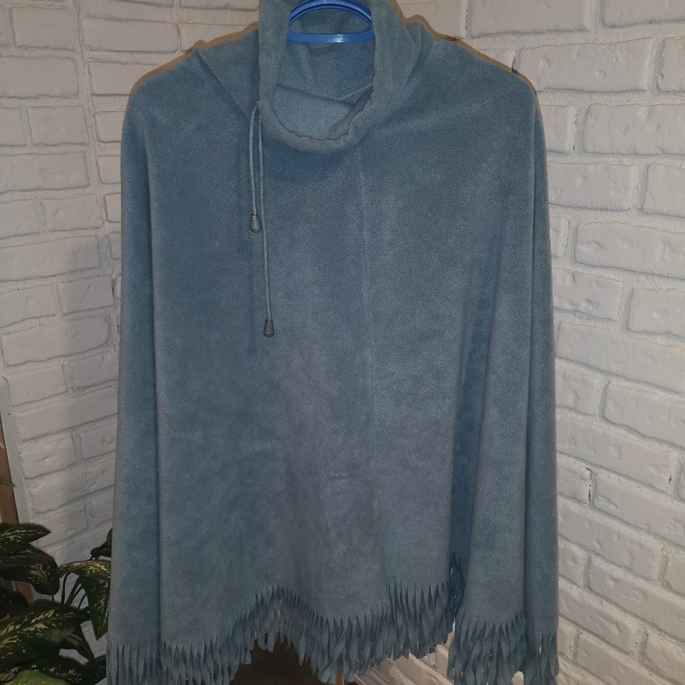 Togo Drawstring High Neck Blue Fleece Fringed Ends Poncho